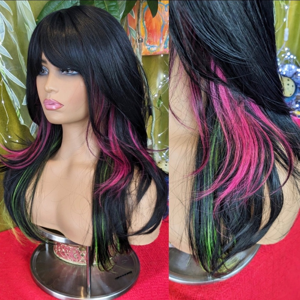neon highlights pink green black wig